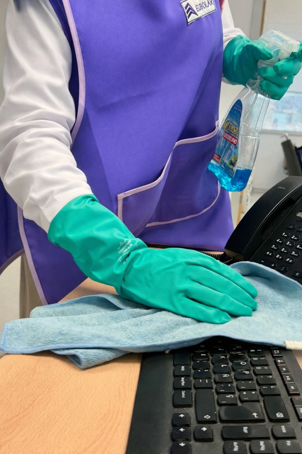 Profesional limpiando un puesto de trabajo en una oficina